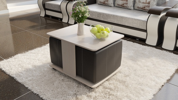 Стол Журнальный с Пуфиками «Капри» Стол Журнальный с Пуфиками «Капри» Дуб Белфорт/Кож.зам Коричневый/Ш-600× Д-800 × В-500 мм